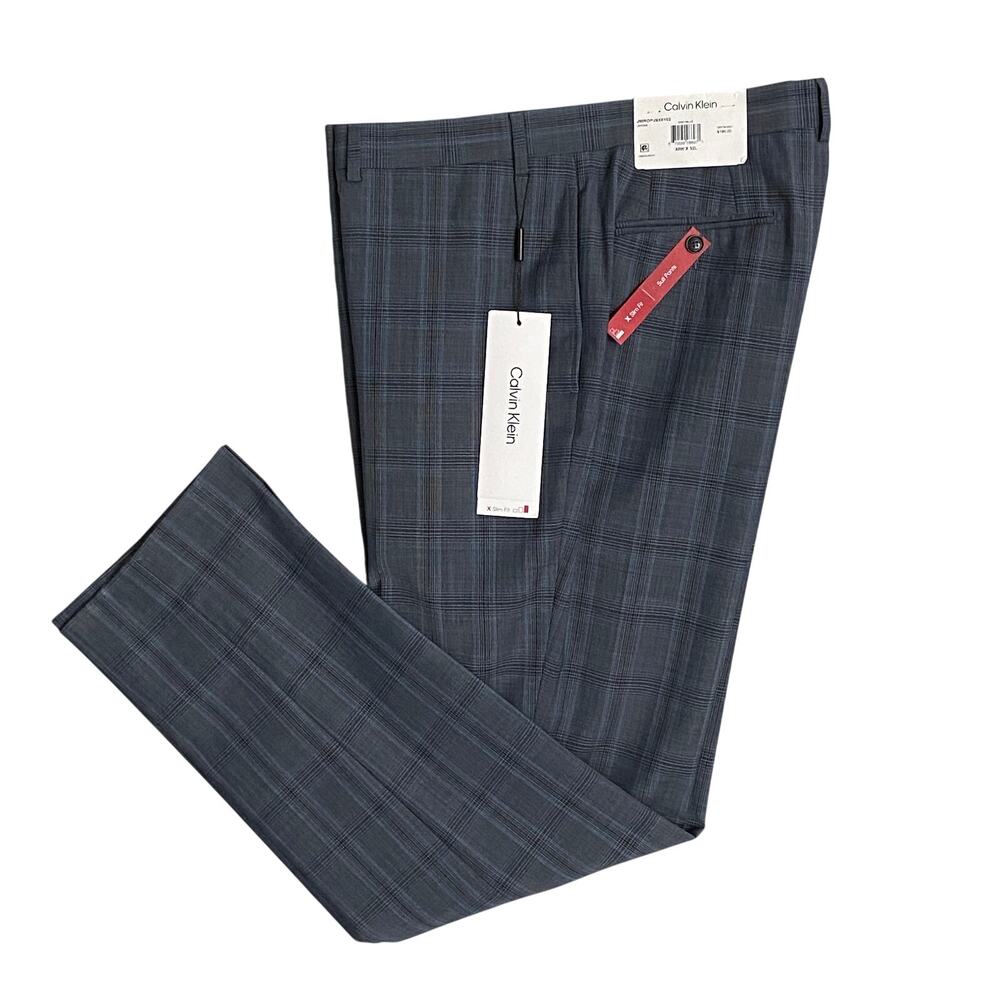Calvin Klein Men's 40"x32" Suit Pant Extra Slim Fit Stretch Blue Grey Plaid NWT